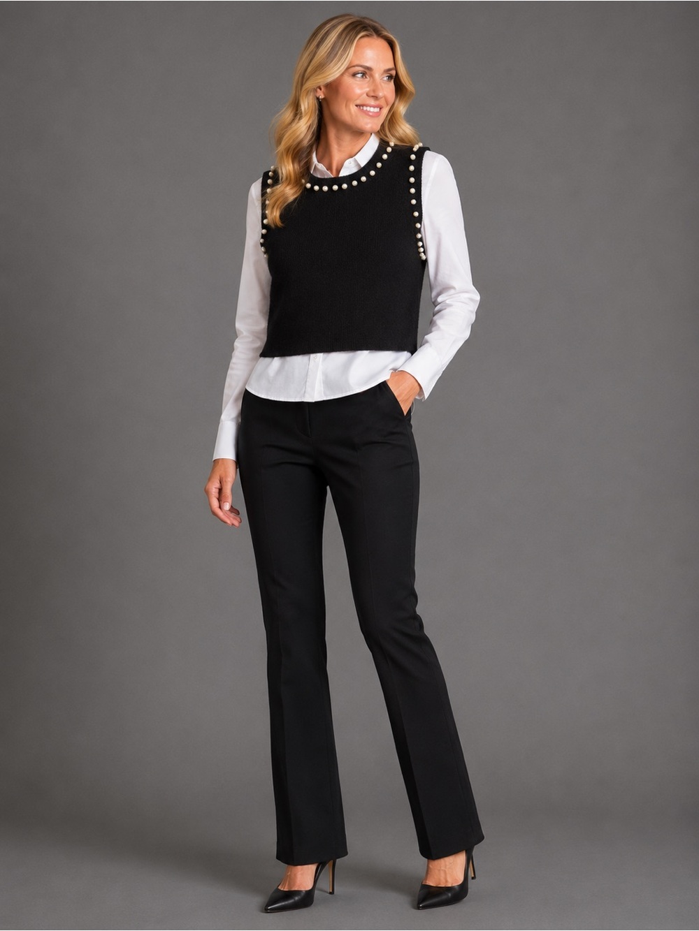 Anthropologie Black Pearl-Trim Sleeveless Sweater Vest